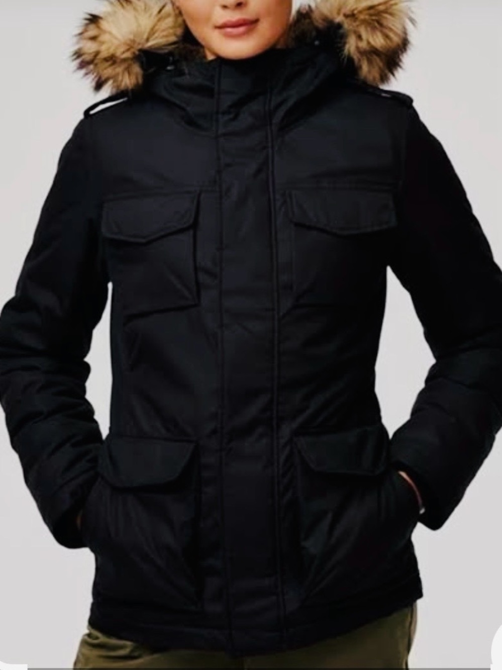 Aritzia Niseko Black Utility Jacket with Faux Fur Hood Trim